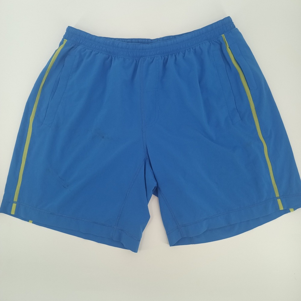 Lululemon Mens Blue Lime Green Mesh Trim Athletic Training Shorts Size 34 7 Inch